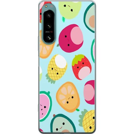 Kompatibel Mobilcover til Sony Xperia 5 IV Mønster af kawaii frugter som jordbær citron ananas og avocado på lyseblå baggrund