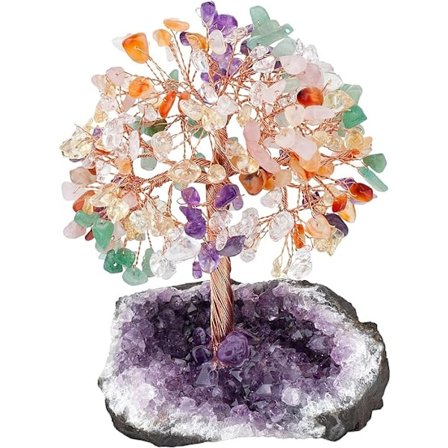 Livets tre 7 Chakra naturlige krystaller Fengshui tredekorasjon med ametystbasisstein Reiki borddekorativt ornament, meditasjonsdekorasjon