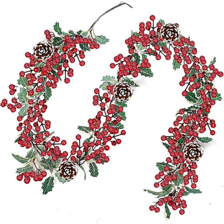 6 fot julröd bärslinga dekoration med röda bär, löv, tallkotte slinga juldekoration öppen spis semesterdekor