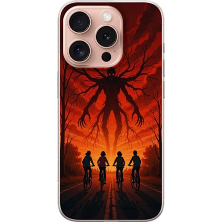 Yhteensopiva Puhelinkuori Apple Apple iPhone 16 Pro Tumma Stranger Things -inspiroima kauhukuvaus punaisilla taivaalla, hirviöhahmo ja pyöräilevät