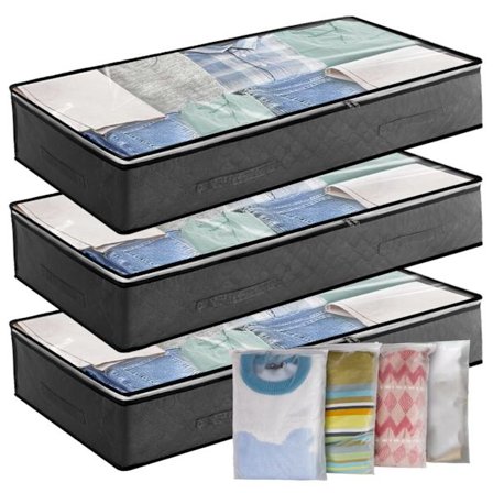 Opbevaringspose under sengen 3-pak 90L Stor opbevaringsboks under sengen med 4 x store lynlåseposer - med PVC-vindue til tøj, dyner, dyner, tæpper