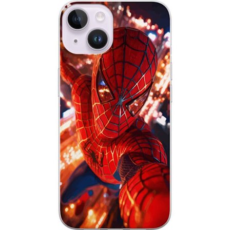 Kompatibelt Mobildeksel til Apple Apple iPhone 14 Spider Man i intensiv handling med gnistrende lys og dynamisk perspektiv i filmisk superheltstil