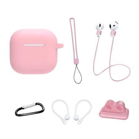 För AirPods 4 6 i 1 Tillbehör Fodral Rem Hållare Öronkrokar Nackrem Nyckelring - Rosa