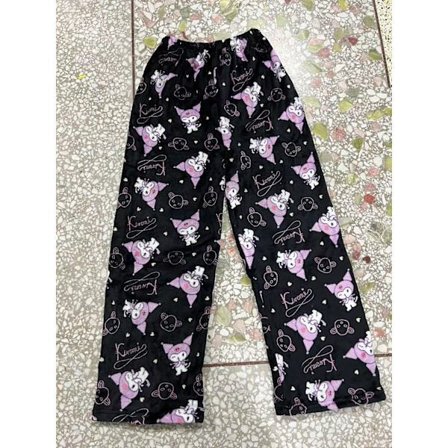 Tegneserie Julepyjamasbukser til Kvinder, Afslappede Velourbukser til Hjemmebrug med Katte Mønster Sort Kuromi XL