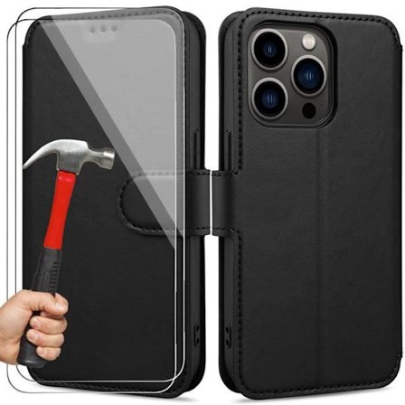 Skal + Härdat Glas - för iPhone 14 Pro - Svart - 360 Skydd - Läderlook - Repfria