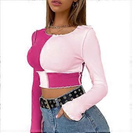 Långärmad Croppad Topp för Dam med Fyrkantig Hals, Ribbad Slim Fit Casual T-shirt Rosa Slim Fit Patchwork Blus (Small)