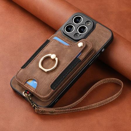 Etui i skinn til iPhone med RFID-beskyttelse, anti-tyveri børste ring spenne lanyard multifunksjons kortholder Brown [With Leather Lanyard]] iPhone 14