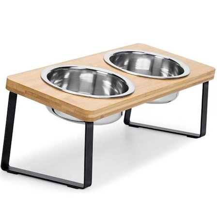 Hevede katteskåler kompatible Mat og vann 15° Vippet Hevet Rustfritt Stål Kattefôrskål med Bambusstativ og Anti-Oppkast Fôringsstasjon kompatibel