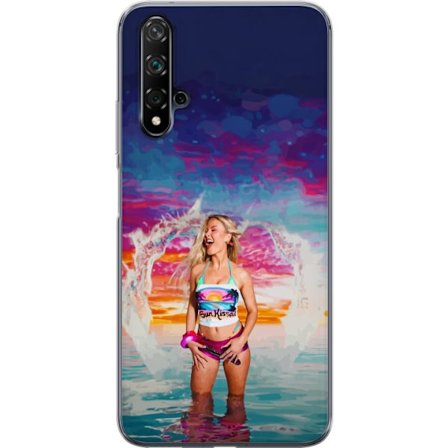 Kompatibel Mobilcover til Huawei nova 5T Blond kvinde i farverigt strandtøj, der leger i havet ved solnedgang