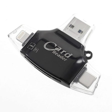 4-i-1 SD/TF-kortlæser USB-kortlæser med Lightning 8-pin/Micro USB/Type-C/USB2.0-stik - Sort