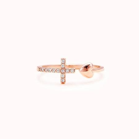 Til min datter Bed gennem det Kors & Hjerte Ring - Sterling Sølv 925 Justerbar Åben Kors Kærlighedsringe, Giv aldrig op [LGL] Gold