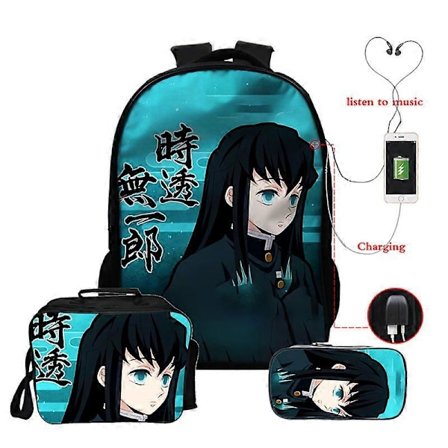 Anime Demon Slayer Muichiro Tokito Ryggsäck Tonårspojkar Flickor Skolväskor Manga Ryggsäck USB 3st/set 16 Tums Laptop Ryggsäckar