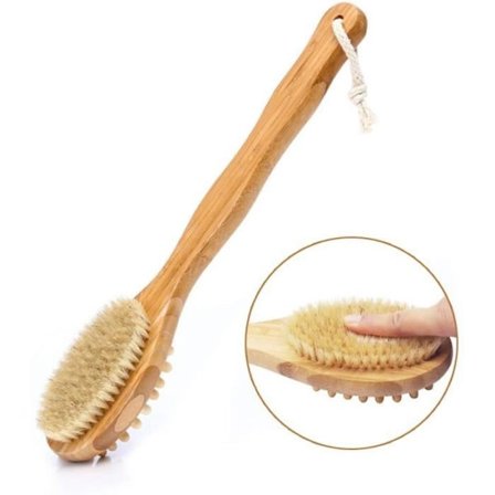Kropsbørste, 2-i-1 brusebad ryg børste med naturlige børstehår - forbedrer blodcirkulationen, eksfolierer