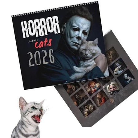 2026 Halloween Horrorfilm og Katte Vægkalender, Halloween Horror Kalender, Horror Katte Kalender Spiralbundet 12 Måneders Kalender