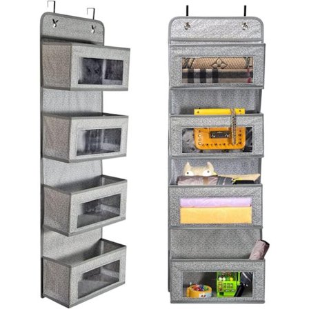 Dørhængende Opbevaring - 4 Lommer med Gennemsigtigt Vindue - Til Opbevaring/Badeværelse/Garderobe (Gråhvid)