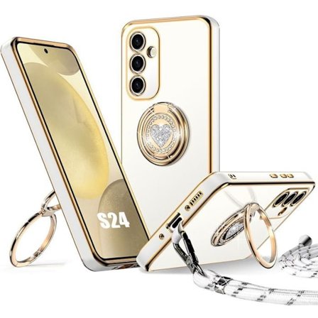 Beskyttelsescover - BOOLING - til Samsung Galaxy S24 - Hvid silikone - Drejelig ring - med snor inkluderet