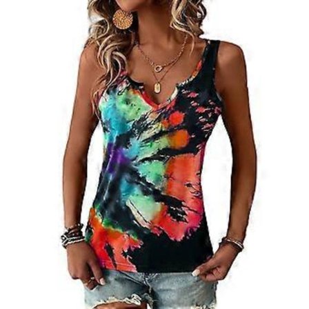 Sexet V-hals Tanktoppe til Kvinder Sommer Tie-dye Toppe Casual Cami Skjorter Bluser Tunika Top Løs Behagelig Bluse T-shirts Rød M