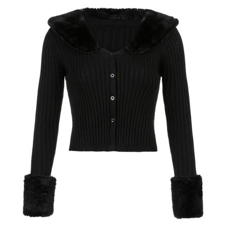 Kvinnor Stickat Höst Vinter Tröja Pälskrage Enfärgad Mode Slim Fit Slimming Cardigan Black S