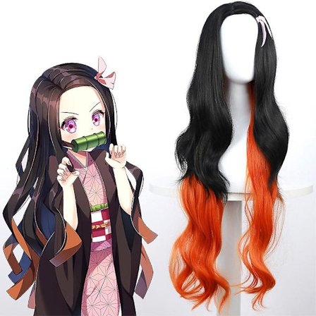 Demon Slayer Kamado Nezuko Cosplay Parykk Anime Lang Bølget Orange Og Svart Syntetisk Hår Parykker Halloween Fest Kostyme Rekvisita