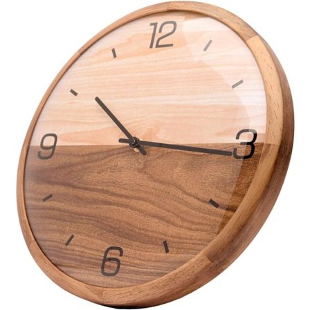 Analog väggklocka i glaskupa (12") - Ram i furuträ med tvåfärgad träyta - Batteridriven med tyst rörelse - Stora dekorativa klockor
