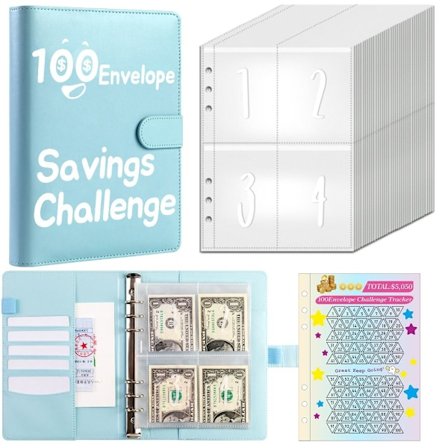 100 päivän säästöhaaste 100 kirjekuoren haastekansio SININEN