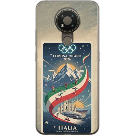Yhteensopiva Puhelinkuori Nokia 3.4 Mäkihyppykuvitus, jossa hiihtäjä tähtää kiväärillä lumisella radalla, teksti Milano Cortina 2026 ja olympialaisten