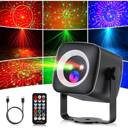 Diskokugle, musikstyret, diskolampe, party lampe, 60 forskellige mønstre, strobe effekt, party lampe med fjernbetjening og 2m USB-kabel til