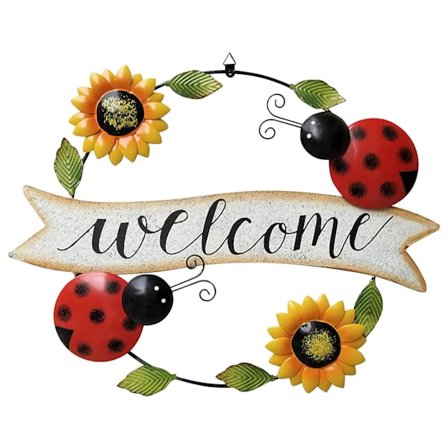 Solsikke og bi metal velkomstsilt, udendørs metalvægdekoration (velkomstsilt med solsikke og mariehøne)