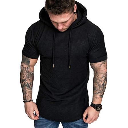 Miesten pelkkä lyhythihainen hupullinen T-paita Kesä casual urheiluhupparit Topit Black M