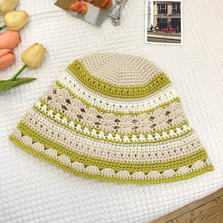 Strikket bøttelue Stripete fiskelue BEIGE