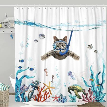 Vandtætte stof bruseforhæng i blågrøn med sjov kat og blæksprutte Søstjerne Skildpaddeanker Fisk Nautisk badeværelsesgardinindretning (blå, 180x180cm