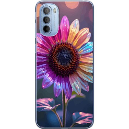 Kompatibelt Mobildeksel til Motorola Moto G31 Irideserende blomst med glitrende kronblad i rosa lilla og gull mot myk bokeh bakgrunn
