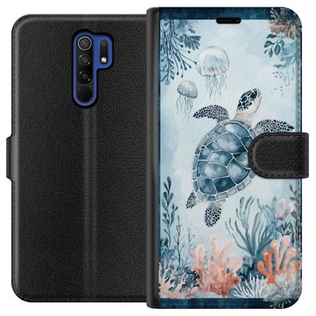Yhteensopiva Lompakkokotelo Xiaomi Redmi 9 Akvarellimaalaus merikilpikonna korallien ja meduusojen joukossa rauhallisessa sinisessä vedenalaisessa ma