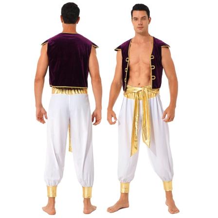 Herr Halloween kostym Mytisk Prince Aladin Carnival Carnival Cosplay Party Outfit Paljettkant väst med byxor med bälte Hög kvalitet White B XL