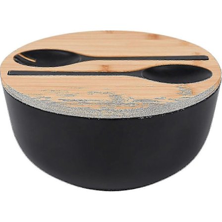 Bambusfiber salatskål med serveringssæt - Stor 25 cm røreskål i massiv bambus, træskål med bambuslåg og ske til frugt, salater og mere