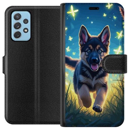 Kompatibelt Plånboksfodral till Samsung Samsung Galaxy A52 5G Tysk schäfer valp affisch valp hund hoppar äng fjärilar söt hund illustration blå