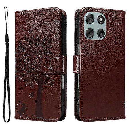 Motorola Moto G56 5G -puhelimen suojakotelo jalustalla, kissapuu-kuvioinen nahkalompakkokotelo (espresso, kahvi)