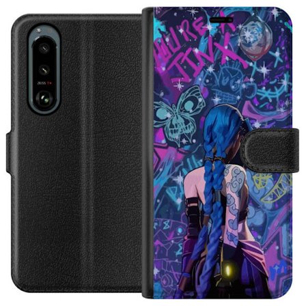 Yhteensopiva Lompakkokotelo Sony Sony Xperia 5 III Värikäs graffitipiirros, jossa on sinisellä hiuksilla varustettu hahmo kaupunkimaisessa neon-tyy