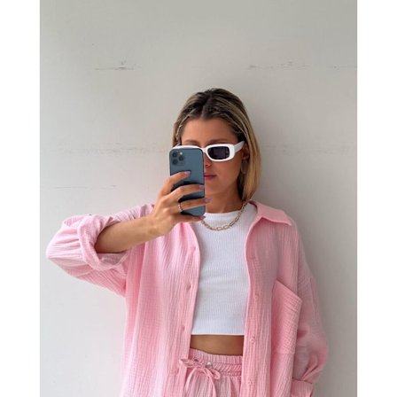 【JIA】Skrynklig krage för kvinnor, långärmad skjorta, shorts med dragsko med hög midja, moderiktigt avslappnat set i två delar rosa XL rosa