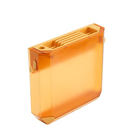 Innovatiivinen seinään kiinnitettävä veitsiteline, läpinäkyvä muovinen säilytysteline jakaja-aukoilla ja sivukoukuilla siistiin keittiöön (keltainen)