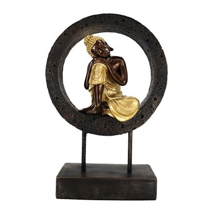 Buddha Cirkel Totem, Polyresin, Sort Guld, 24x11x35cm