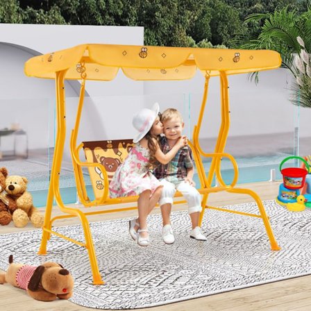 COSTWAY Trädgårdssoffa Gunga Utomhus med 2 Platser, Justerbart Tak i Vinkel Kapacitet 80 kg 112 x 76,5 x 111 CM Gul