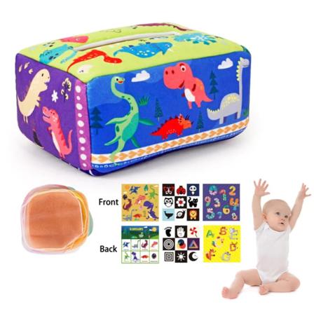Baby 6 måneders Montessori-legetøjsvævsæske Sanselegetøj med 10 farvede væv og 3 crinkle-væv Montessori-legetøj (blå)