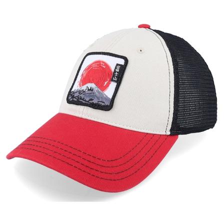 Wild Spirit - Beige trucker Cap - Mount Fuji Sunset 111 Tri Stone/Black/Red Trucker @ Hatstore