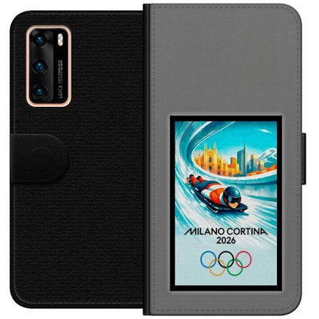 Yhteensopiva Lompakkokotelo Huawei P40 Dynaaminen kelkkailija tai skeleton-ajaja jääkanavalla Milanon Cortina 2026 kanssa, kaupunkinäkymä ja olympiala