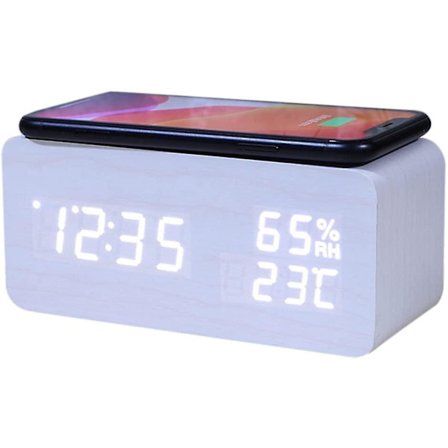 Digitalt vækkeur, temperatur- og fugtighedsalarmur LED elektronisk ur Smartphone trådløs oplader (hvid)