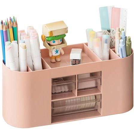 Pennholder oppbevaringsboks skrivebordsorganisator 10 rom stor kapasitet dobbeltlags gjennomsiktig skuff kan holde skrivesaker rosa