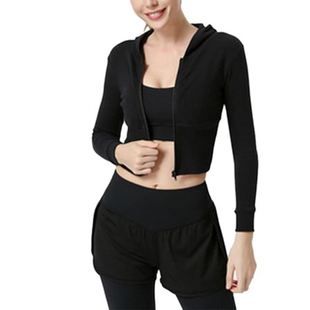 Dam Crop Tops Sweatshirts Långärmad Huvtröja med dragkedja Skinny Rib Träningsjacka för