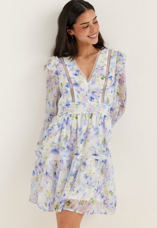 VILA - Viroman New V-neck L/S Short Dress - Cloud Dancer AOP:Flowers