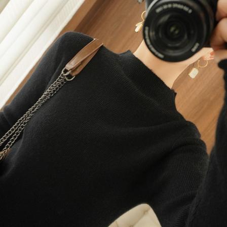 Damestrik efterår vinter sweater halvhøj krave indre match base skjorte ensfarvet sweater Black XXL